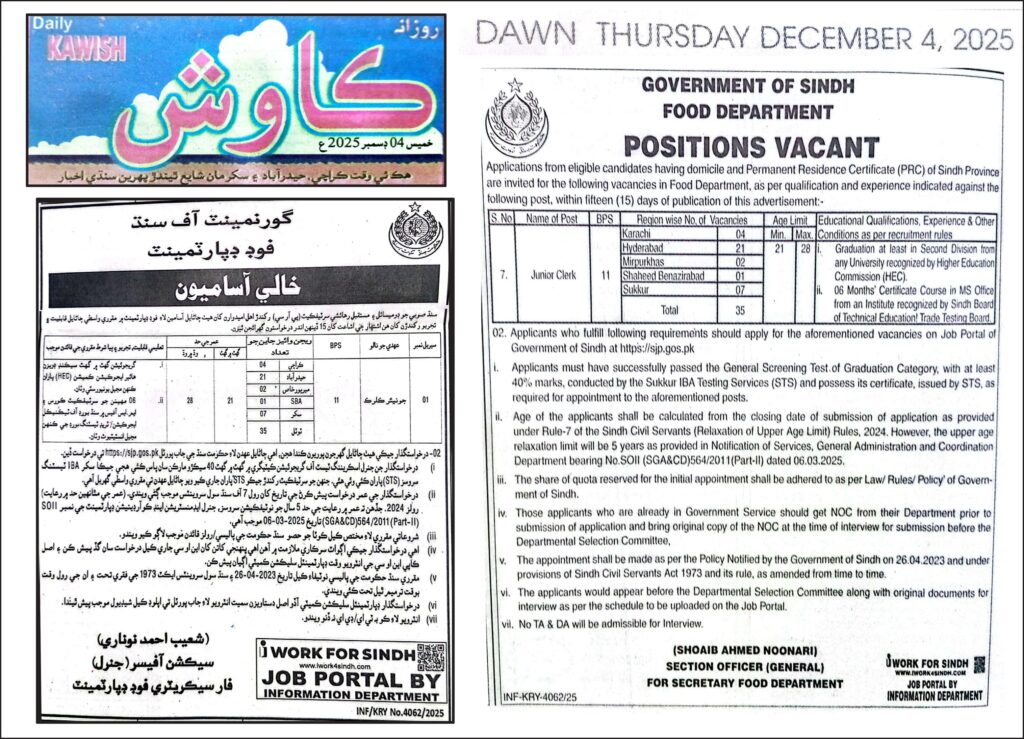 Sindh Food Department Junior Clerk Jobs 2025